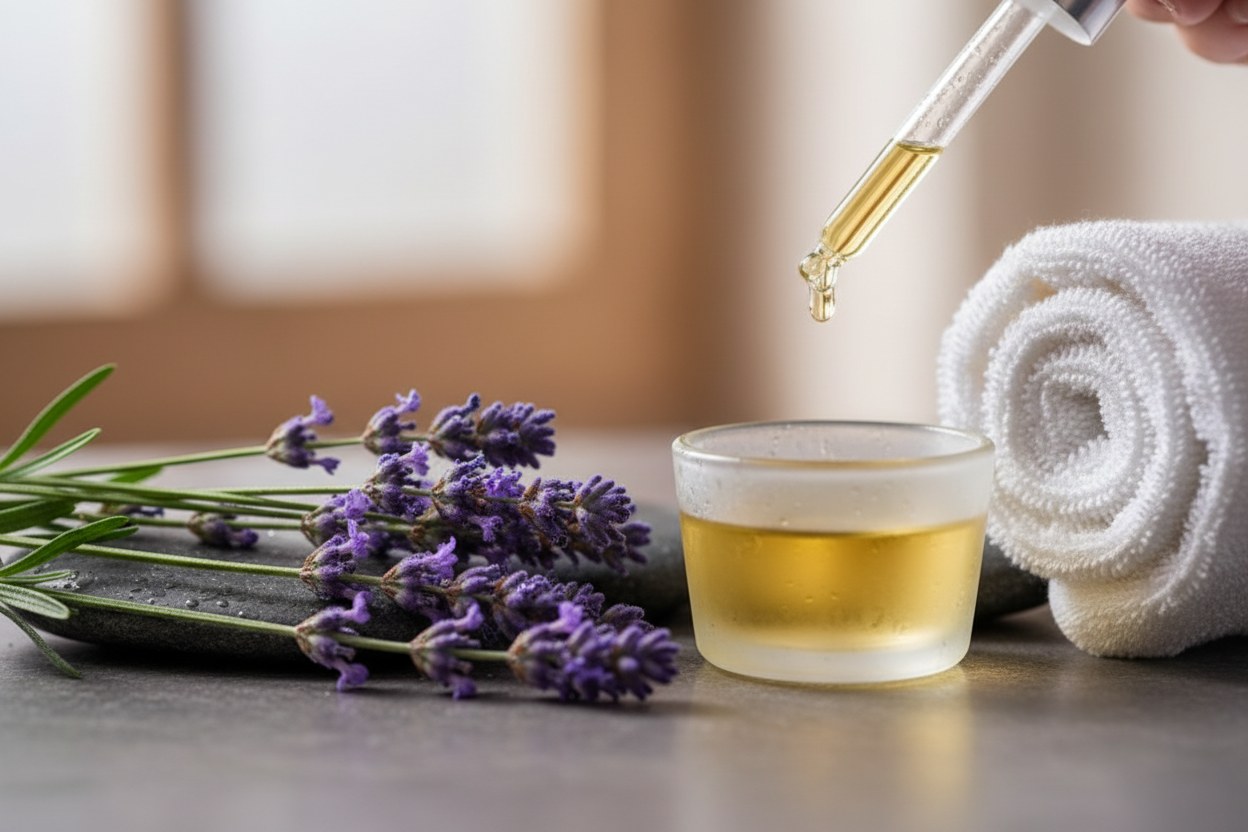Isıtılmış lavanta yağı ve kurutulmuş lavanta demeti